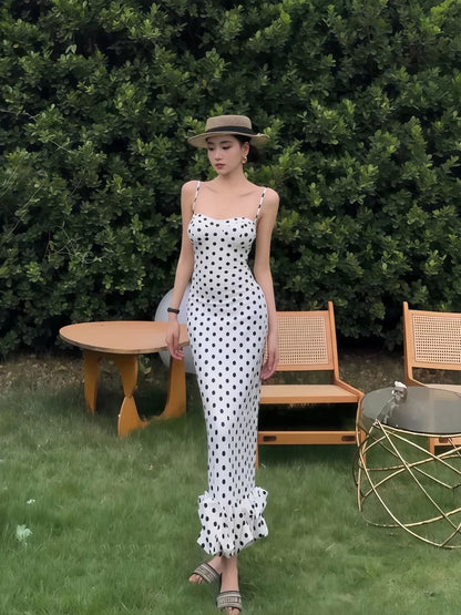 Classy Sheath Spaghetti Strap Polka Dots Date Night Outfits Floor Length Formal Prom Gown Birthday Dresses RB5644