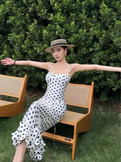 Classy Sheath Spaghetti Strap Polka Dots Date Night Outfits Floor Length Formal Prom Gown Birthday Dresses RB5644