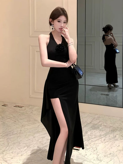 Classy Sheath Halter Black Slit Date Night Outfits Floor Length Formal Prom Gown Birthday Dresses RB5645