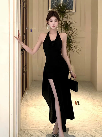 Classy Sheath Halter Black Slit Date Night Outfits Floor Length Formal Prom Gown Birthday Dresses RB5645