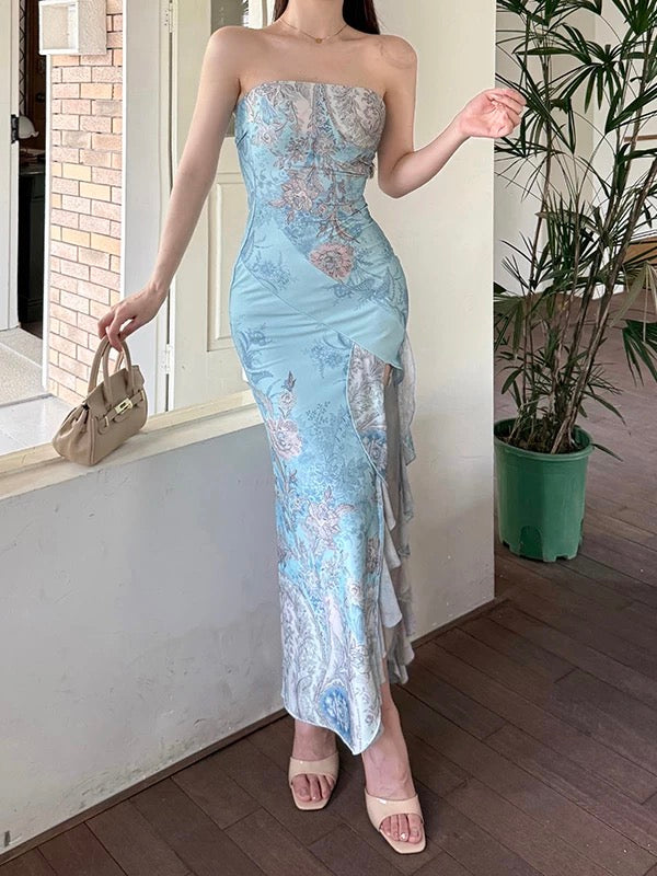 Sophisticated Sheath Strapless Blue Floral Date Night Outfits Ankle Length Formal Prom Gown Birthday Dresses RB5646