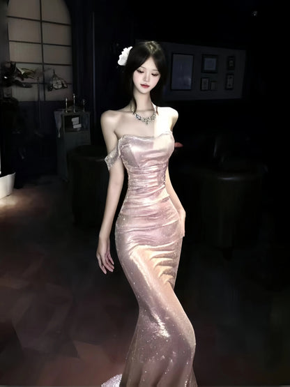 Mystical Mermaid Off The Shoulder Pink Sequin Date Night Evening Outfit Formal Prom Dresses RB5647
