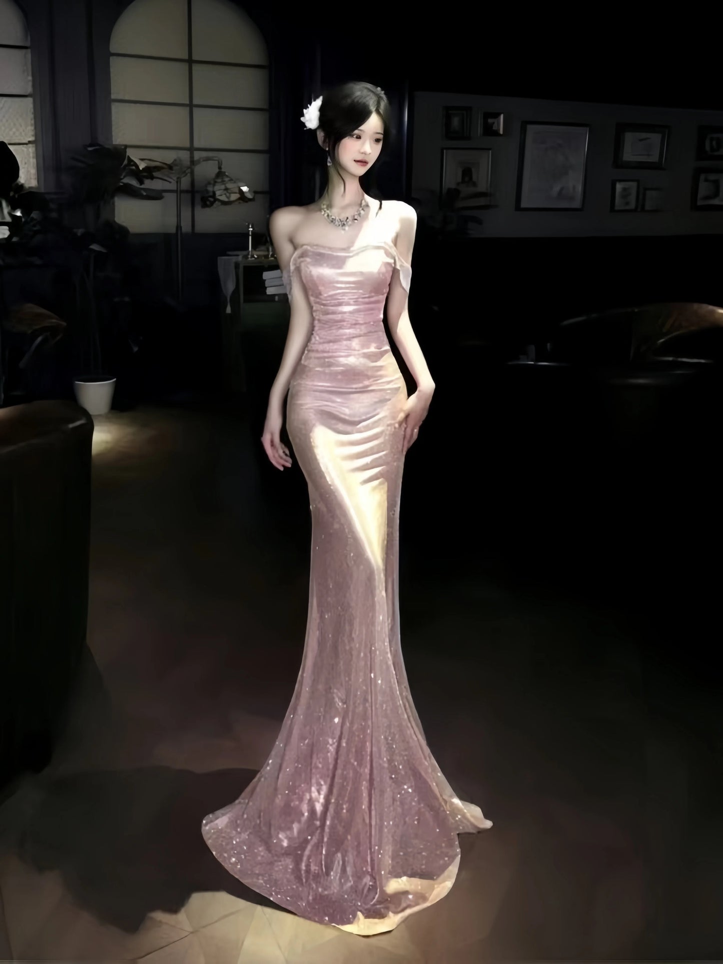 Mystical Mermaid Off The Shoulder Pink Sequin Date Night Evening Outfit Formal Prom Dresses RB5647