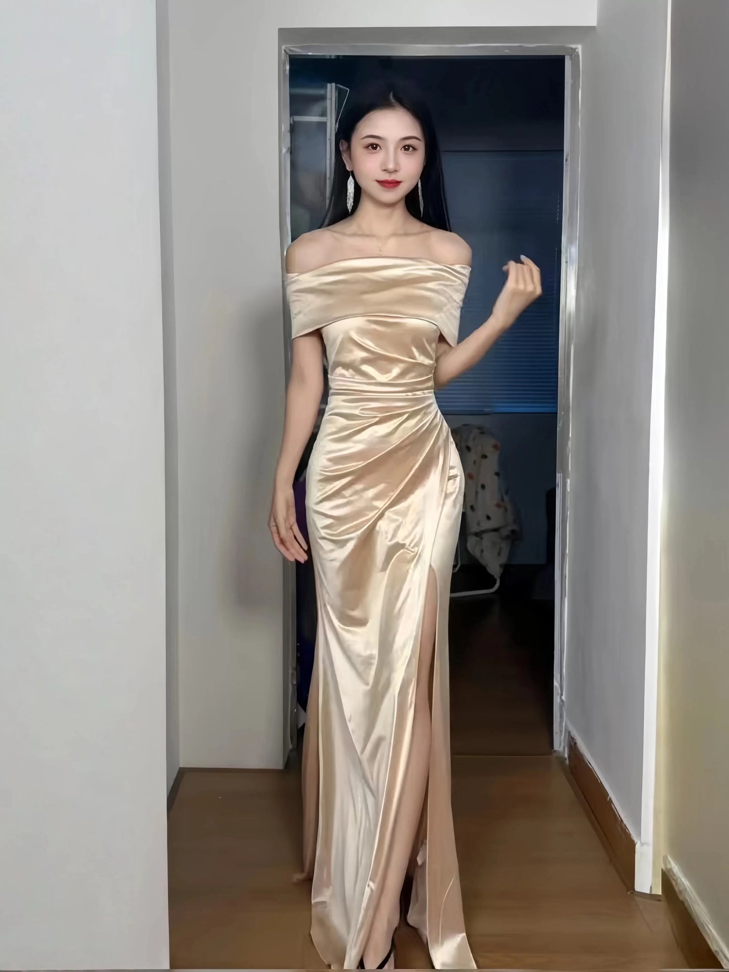 Delicate Mermaid Off The Shoulder Gold With Ruffled Long Cruise Ship Formal Night Evening Dresses 19th Birthday Outfits RB5649