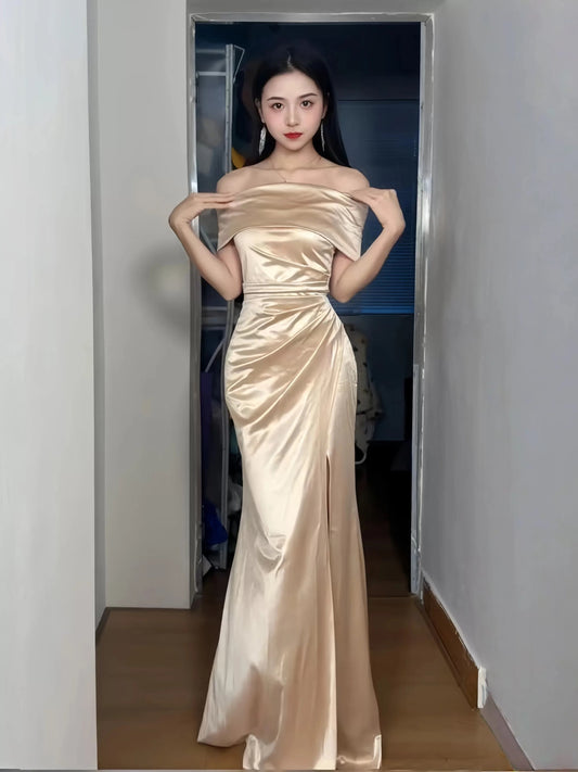 Delicate Mermaid Off The Shoulder Gold With Ruffled Long Cruise Ship Formal Night Evening Dresses 19th Birthday Outfits RB5649