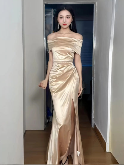 Delicate Mermaid Off The Shoulder Gold With Ruffled Long Cruise Ship Formal Night Evening Dresses 19th Birthday Outfits RB5649