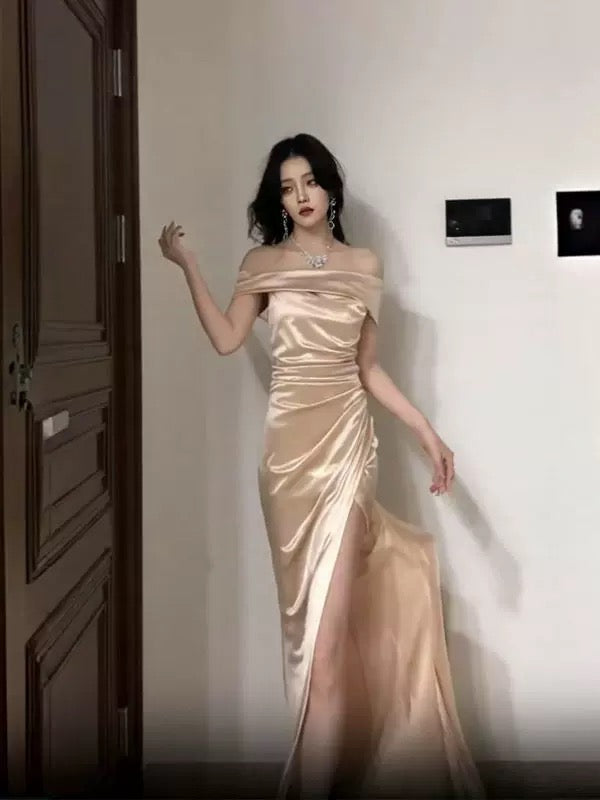 Sexy Mermaid Off The Shoulder Gold Satin With Split Date Night Evening Outfit Formal Prom Dresses RB5423