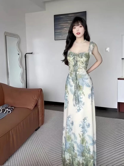 French Style Mermaid Square Neck Green Floral Chiffon Date Floor Length Night Evening Outfit Formal Prom Dresses RB5427