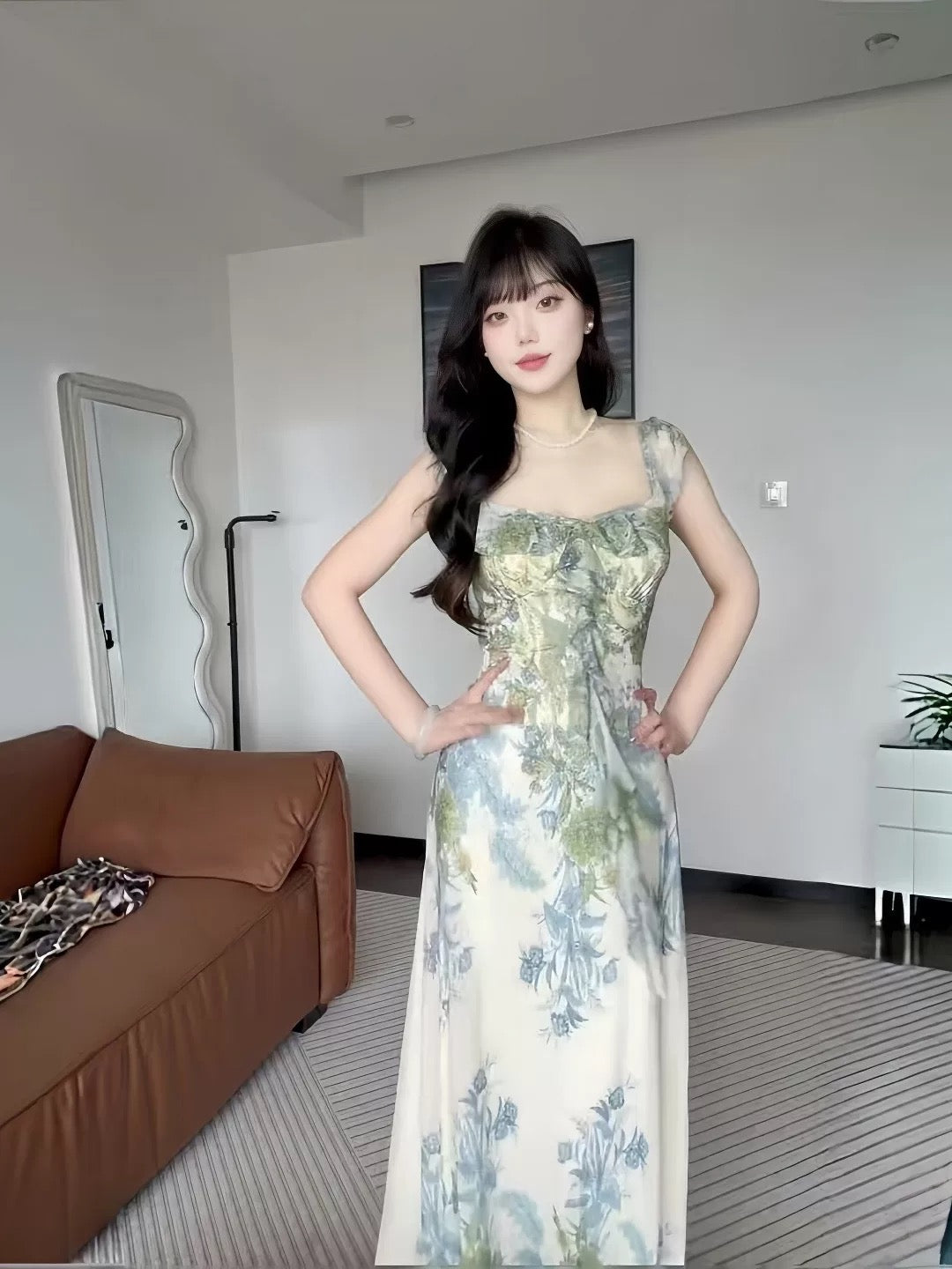 French Style Mermaid Square Neck Green Floral Chiffon Date Floor Length Night Evening Outfit Formal Prom Dresses RB5427