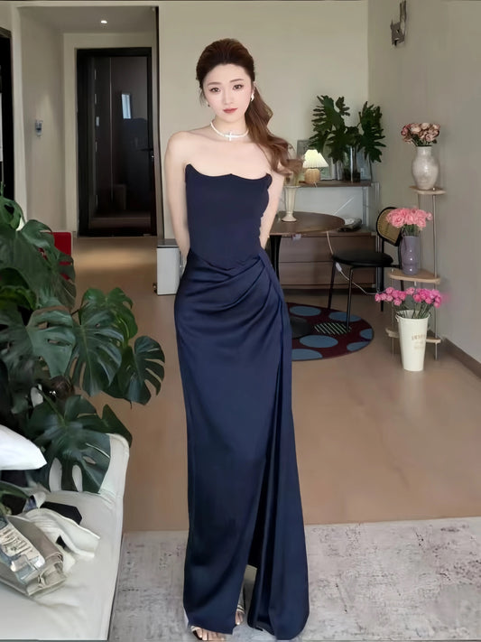 Sexy Mermaid Strapless Navy Blue Long Slit Date Night Outfits Semi Formal Prom Wedding Guest Dresses RB5429