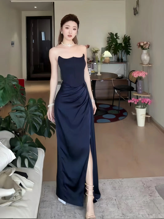 Sexy Mermaid Strapless Navy Blue Long Slit Date Night Outfits Semi Formal Prom Wedding Guest Dresses RB5429