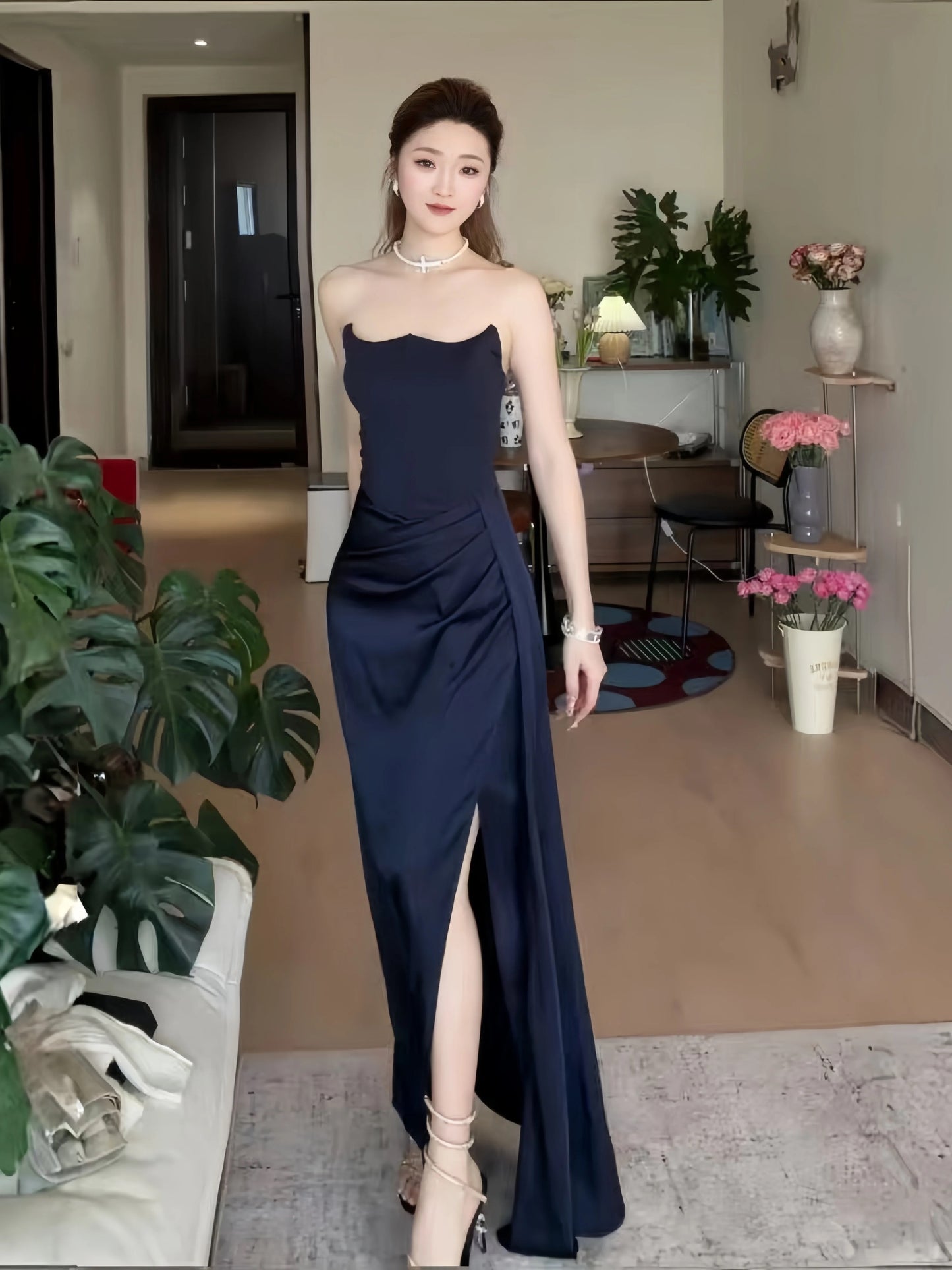 Sexy Mermaid Strapless Navy Blue Long Slit Date Night Outfits Semi Formal Prom Wedding Guest Dresses RB5429
