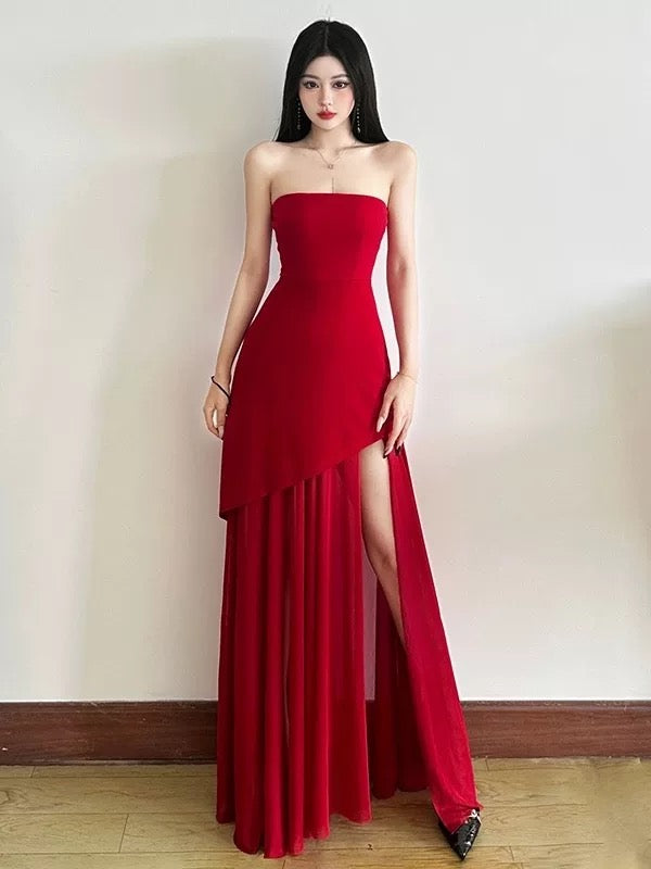Classy A line Strapless Red Chiffon With Slit Date Night Evening Outfit Formal Prom Dresses RB5430