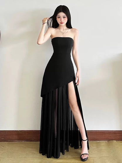 Classy A line Strapless Red Chiffon With Slit Date Night Evening Outfit Formal Prom Dresses RB5430