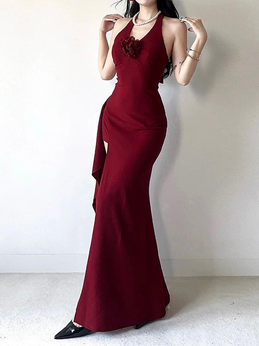 Classy Mermaid Halter Burgundy Satin Sleeveless With Slit Date Night Evening Outfit Formal Prom Dresses RB5431