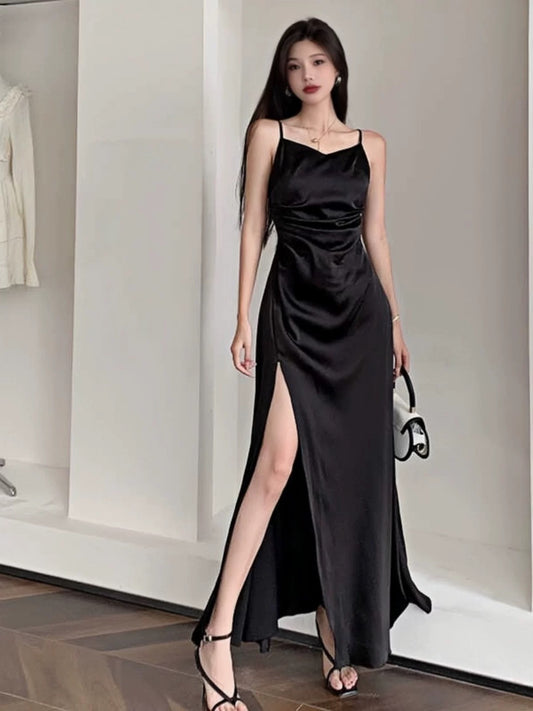 Simple Mermaid Spaghetti Strap Black Satin Long Date Night Outfits Semi Formal Prom Wedding Guest Dresses RB5435