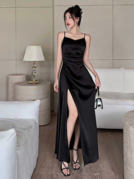 Simple Mermaid Spaghetti Strap Black Satin Long Date Night Outfits Semi Formal Prom Wedding Guest Dresses RB5435