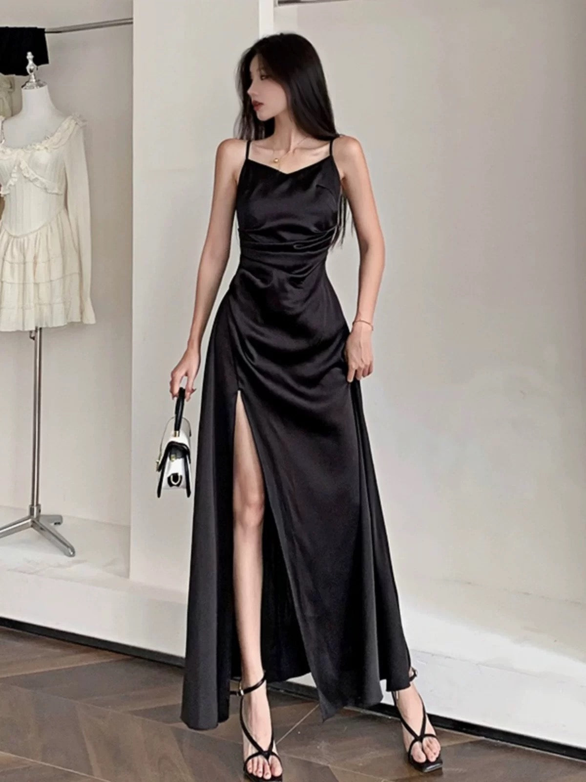 Simple Mermaid Spaghetti Strap Black Satin Long Date Night Outfits Semi Formal Prom Wedding Guest Dresses RB5435