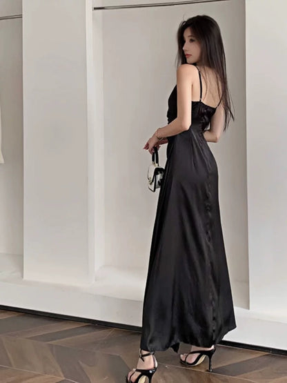 Simple Mermaid Spaghetti Strap Black Satin Long Date Night Outfits Semi Formal Prom Wedding Guest Dresses RB5435