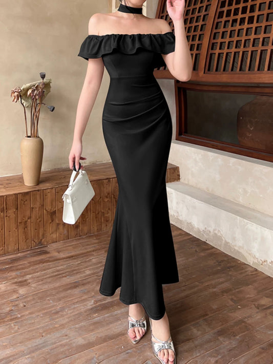 Modest Mermaid Off The Shoulder Black Tie Dress With Ruffle Date Floor Length Night Evening Outfit Formal Prom Dresses RB5460
