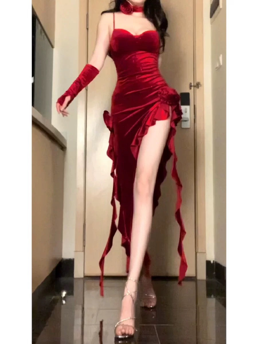 Sexy Mermaid Spaghetti Strap Red Velvet With Ruffle Date Floor Length Night Birthday Outfit Formal Prom Dresses RB5461