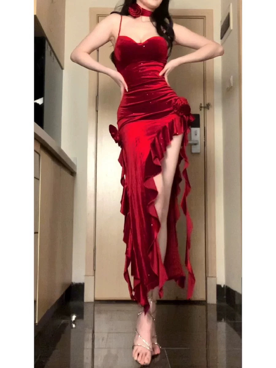 Sexy Mermaid Spaghetti Strap Red Velvet With Ruffle Date Floor Length Night Birthday Outfit Formal Prom Dresses RB5461