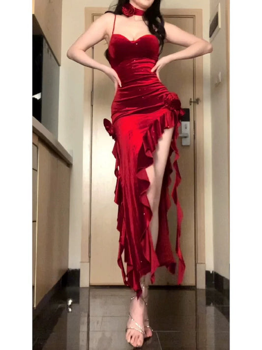 Sexy Mermaid Spaghetti Strap Red Velvet With Ruffle Date Floor Length Night Birthday Outfit Formal Prom Dresses RB5461