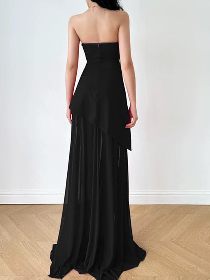 Simple A Line Strapless Black Chiffon With Ruffle Slit Date Floor Length Night Birthday Outfit Formal Prom Dresses RB5463