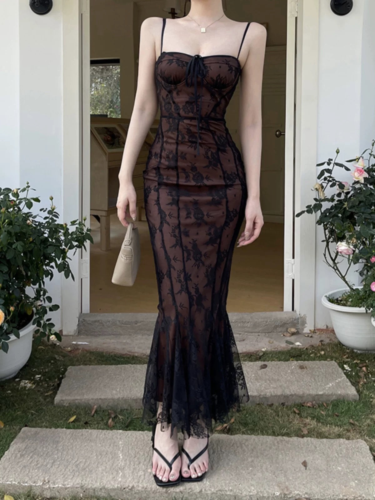 Modest Mermaid Spaghetti Strap Black With Lace Date Floor Length Night Evening Outfit Formal Prom Dresses RB5466