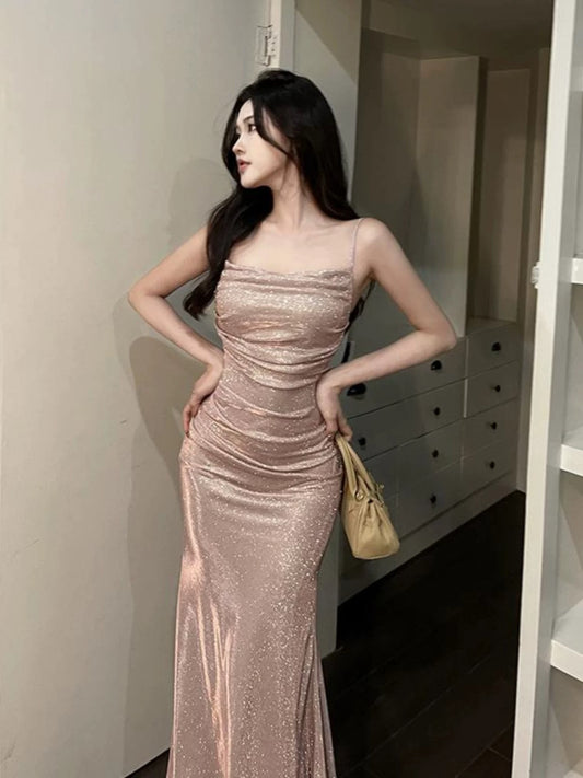 Sparkly Mermaid Spaghetti Strap Pink Sequin Long Date Night Outfits Semi Formal Prom Wedding Guest Dresses RB5434
