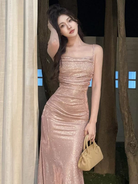 Sparkly Mermaid Spaghetti Strap Pink Sequin Long Date Night Outfits Semi Formal Prom Wedding Guest Dresses RB5434