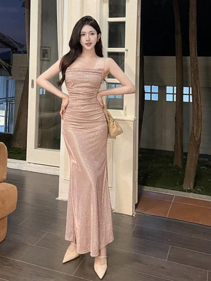 Stunning Mermaid Spaghetti Strap Blue Sequin Date With Ruffled Night Evening Outfit Formal Prom Dresses RB5482