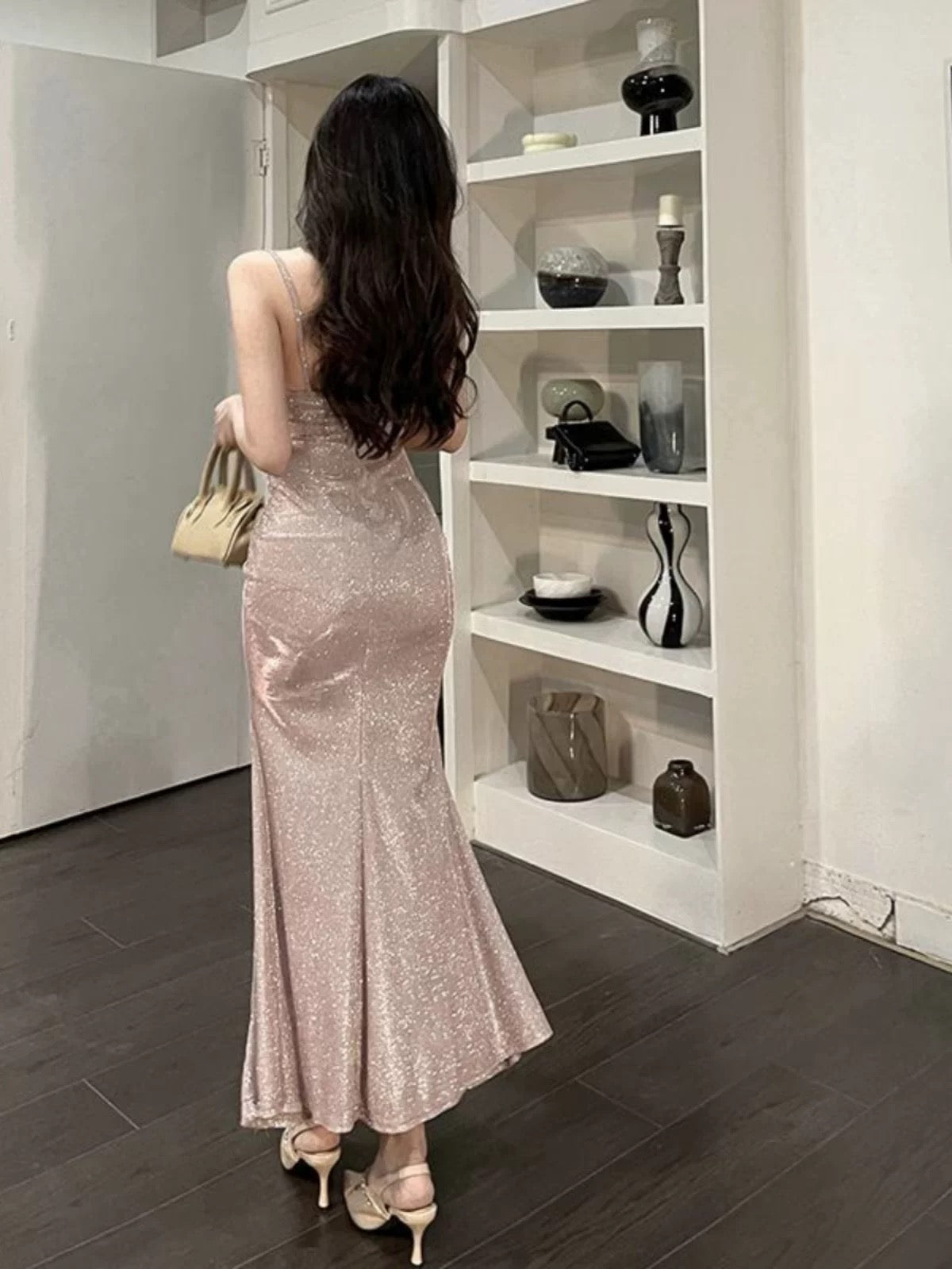 Sparkly Mermaid Spaghetti Strap Pink Sequin Long Date Night Outfits Semi Formal Prom Wedding Guest Dresses RB5434