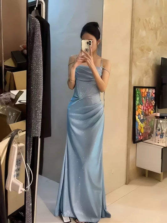 Sexy Mermaid Spaghetti Strap Light Sky Blue Long Sequin Date Night Outfits Semi Formal Prom Wedding Guest Dresses RB5432