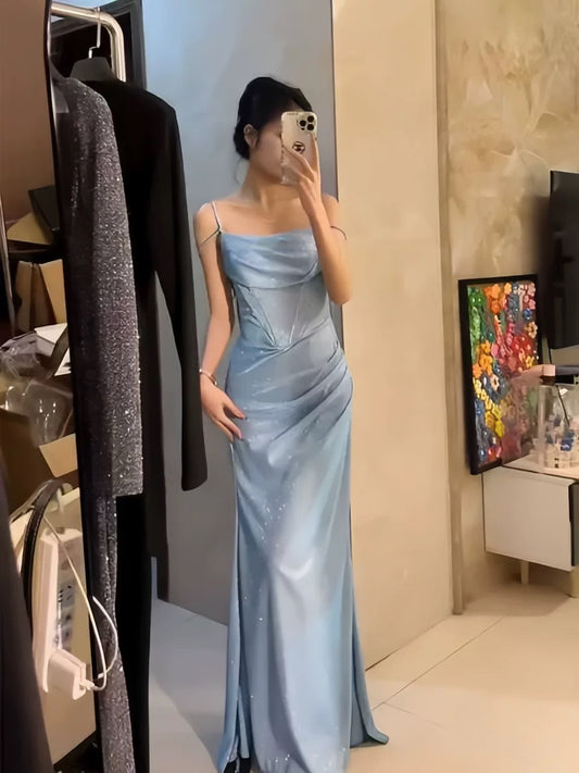 Sexy Mermaid Spaghetti Strap Light Sky Blue Long Sequin Date Night Outfits Semi Formal Prom Wedding Guest Dresses RB5432