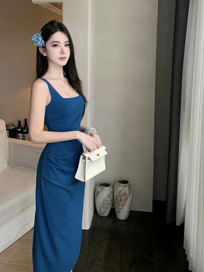 Simple Sheath Square Neck Royal Blue With Ruffle Date Midi Length Night Birthday Outfit Formal Prom Dresses RB5467
