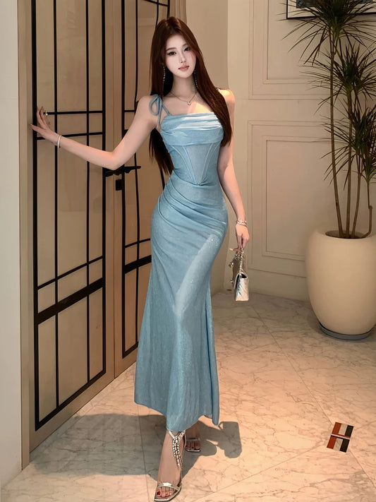 Sexy Mermaid Spaghetti Strap Blue Long Sequin Date Night Outfits Semi Formal Prom Wedding Guest Dresses RB5433