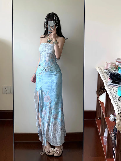 Modest Mermaid Strapless Blue With Split Date Floor Length Night Evening Outfit Formal Prom Dresses RB5468