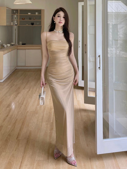 Simple Mermaid Spaghetti Strap Champagne With Ruffle Date Floor Length Night Birthday Outfit Formal Prom Dresses RB5469