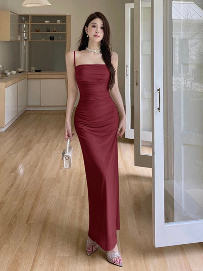 Simple Mermaid Spaghetti Strap Champagne With Ruffle Date Floor Length Night Birthday Outfit Formal Prom Dresses RB5469