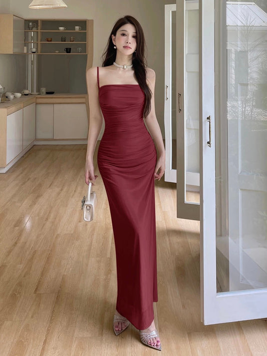 Simple Mermaid Spaghetti Strap Champagne With Ruffle Date Floor Length Night Birthday Outfit Formal Prom Dresses RB5469