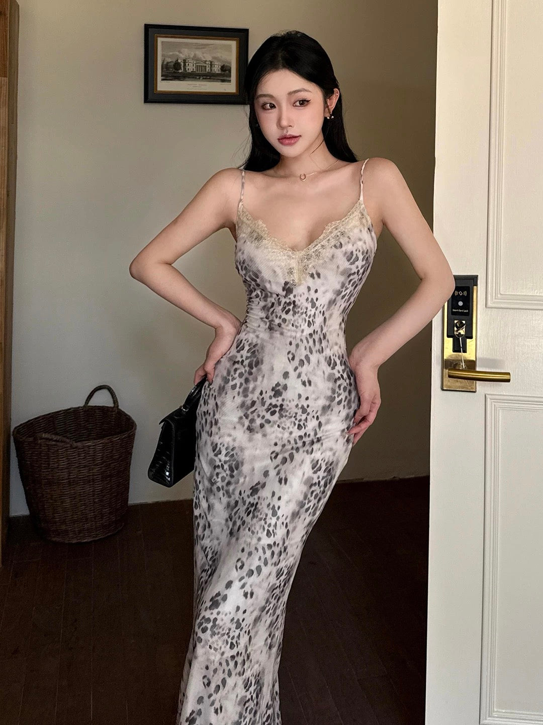 Modest Mermaid Spaghetti Strap Leopard print Date Floor Length Night Evening Outfit Formal Prom Dresses RB5471