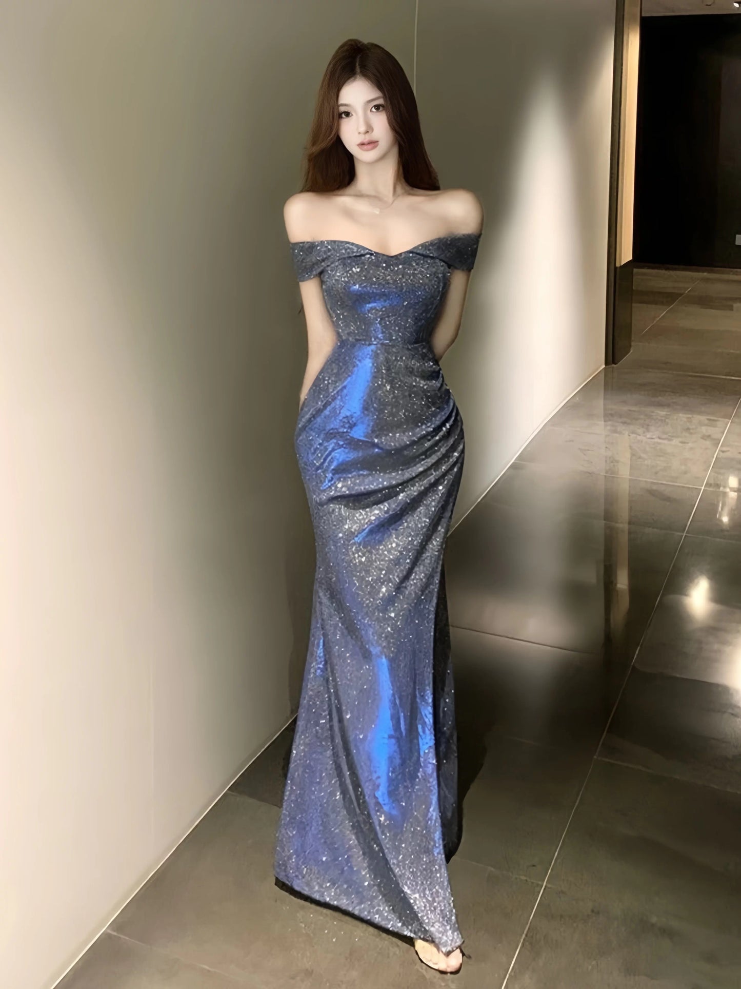 Simple Mermaid Off The Shoulder Black Sequined With Ruffle Date Long Night Birthday Outfit Formal Prom Dresses RB5472