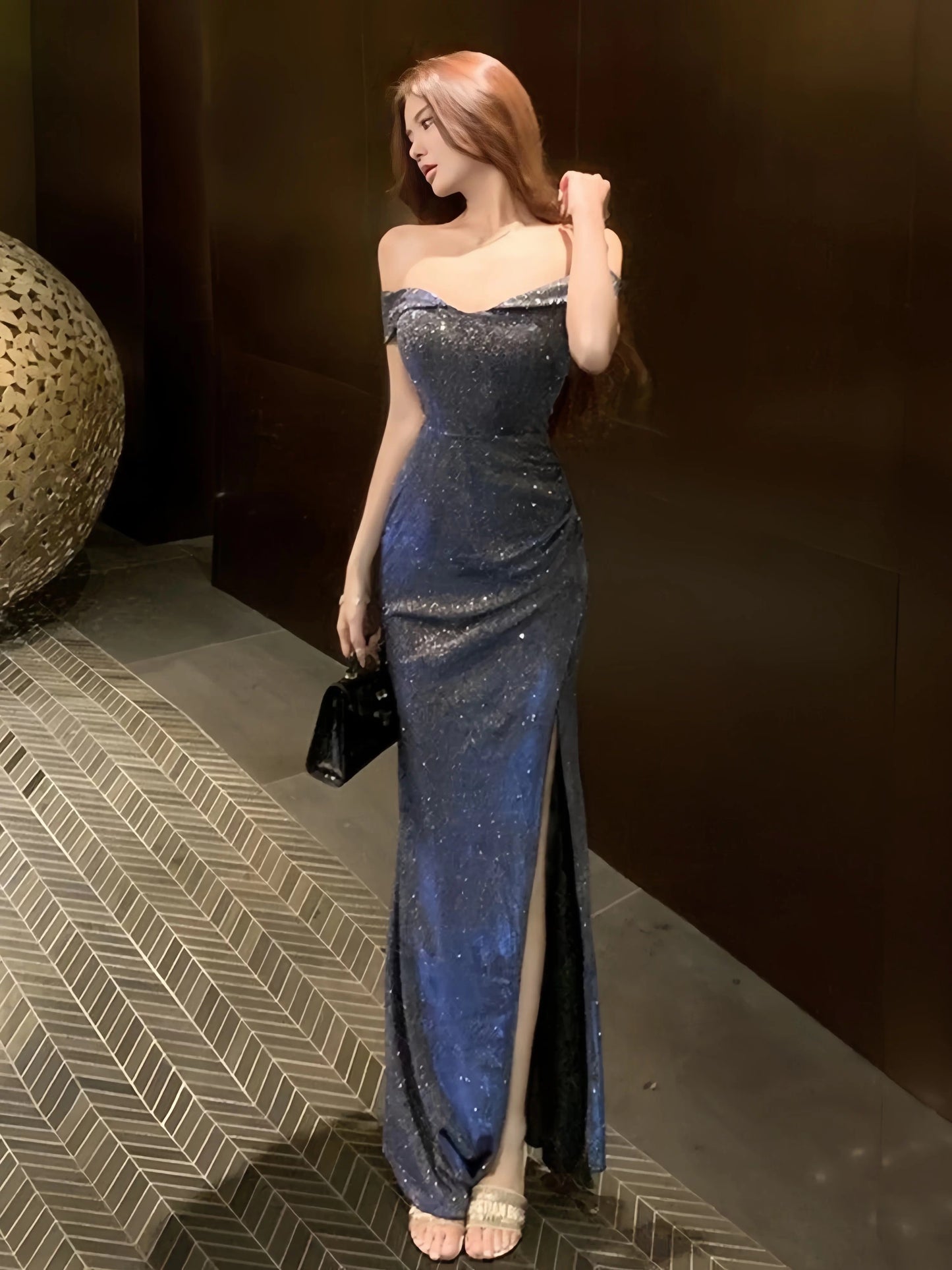Simple Mermaid Off The Shoulder Black Sequined With Ruffle Date Long Night Birthday Outfit Formal Prom Dresses RB5472