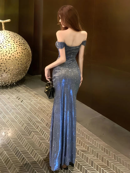 Simple Mermaid Off The Shoulder Black Sequined With Ruffle Date Long Night Birthday Outfit Formal Prom Dresses RB5472