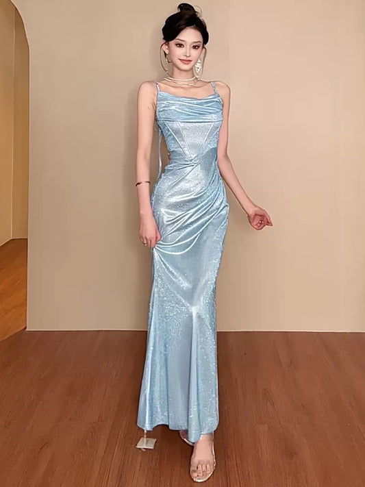 Modest Mermaid Spaghetti Strap Blue Sequin Date Floor Length Night Evening Outfits Formal Prom Dresses RB5473