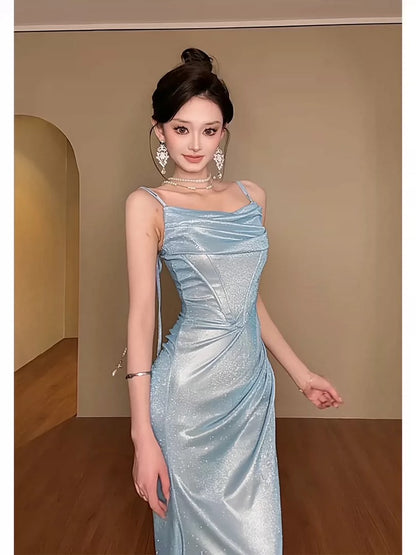 Modest Mermaid Spaghetti Strap Blue Sequin Date Floor Length Night Evening Outfits Formal Prom Dresses RB5473