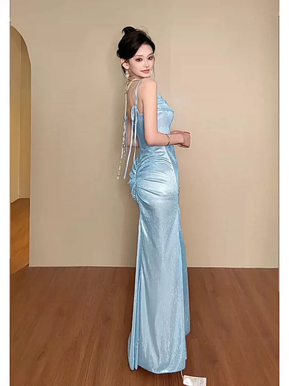Modest Mermaid Spaghetti Strap Blue Sequin Date Floor Length Night Evening Outfits Formal Prom Dresses RB5473