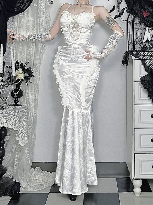 Modest Mermaid Spaghetti Strap White Satin Date Floor Length Night Evening Outfits Formal Prom Dresses RB5475
