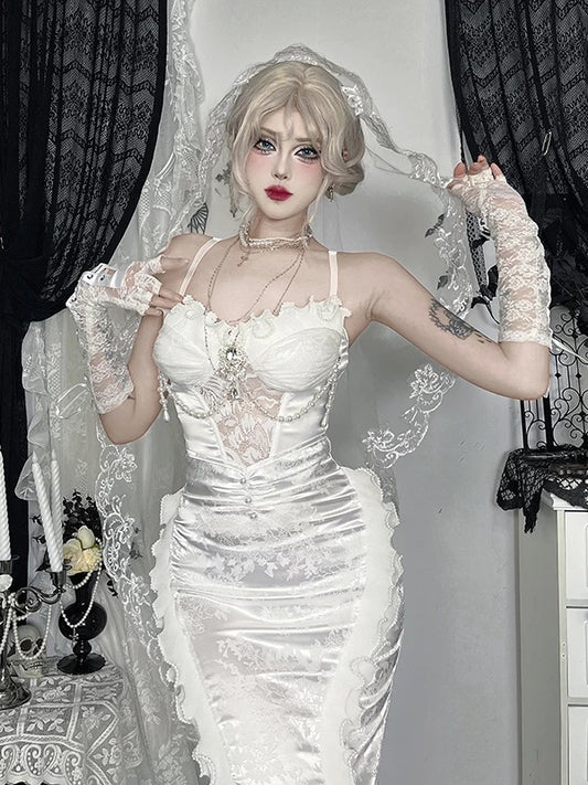 Modest Mermaid Spaghetti Strap White Satin Date Floor Length Night Evening Outfits Formal Prom Dresses RB5475